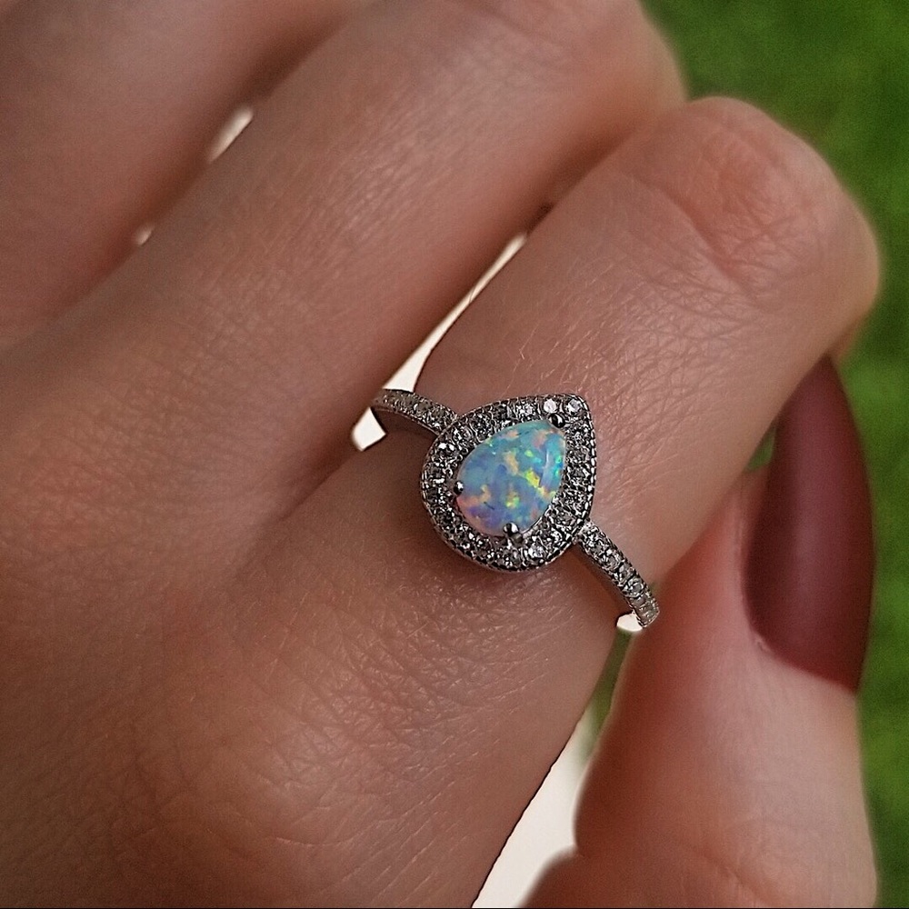 925 Sterling Silver White Opal Pear Shaped CZ Ring